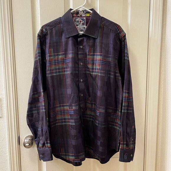 Robert Graham Rainbow Plaid Classic Fit Button Up Shirt Floral Contrast Cuffs XL - Picture 1 of 14